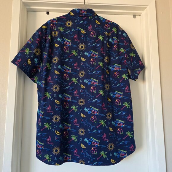 J Crew Men's XL Slim Fit Flex Washed Navy Hawaiian Shirt Woody Shark Palm Tree - Picture 3 of 7